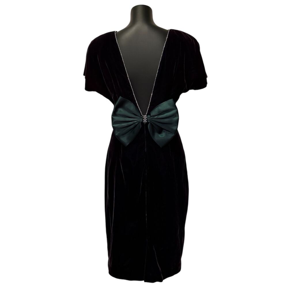 Vintage 80s Datiani Velvet Rhinestone Low Back Dress Emerald Bow, Size 8